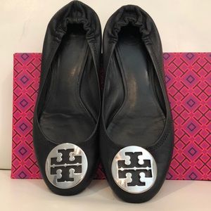 Tory Burch Reva black leather flats, silver logo